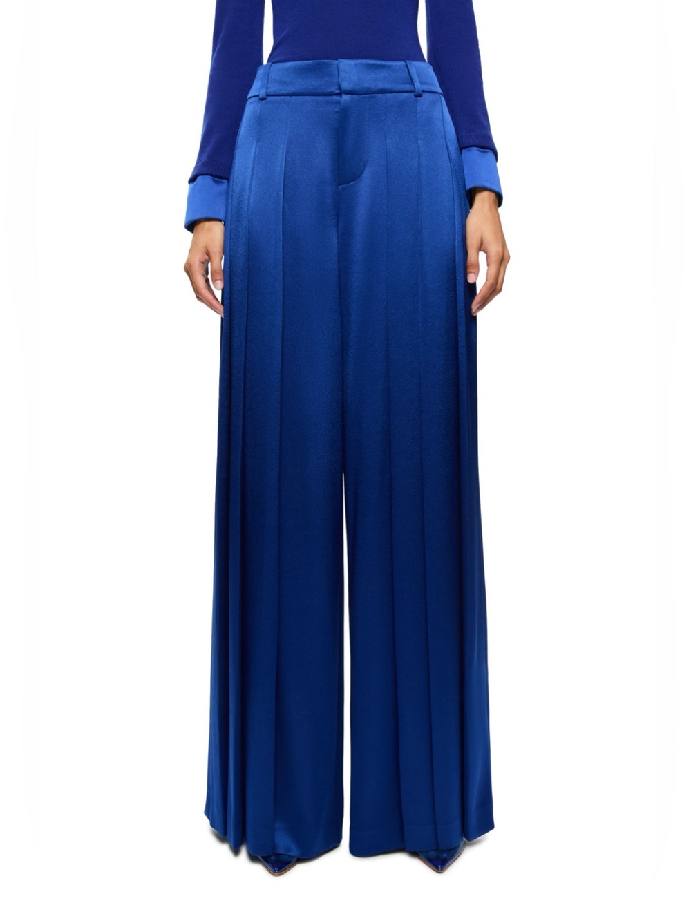 Alice + Olivia Simon Pleated Wide-leg Satin Trousers Blue 14 NWT $440
